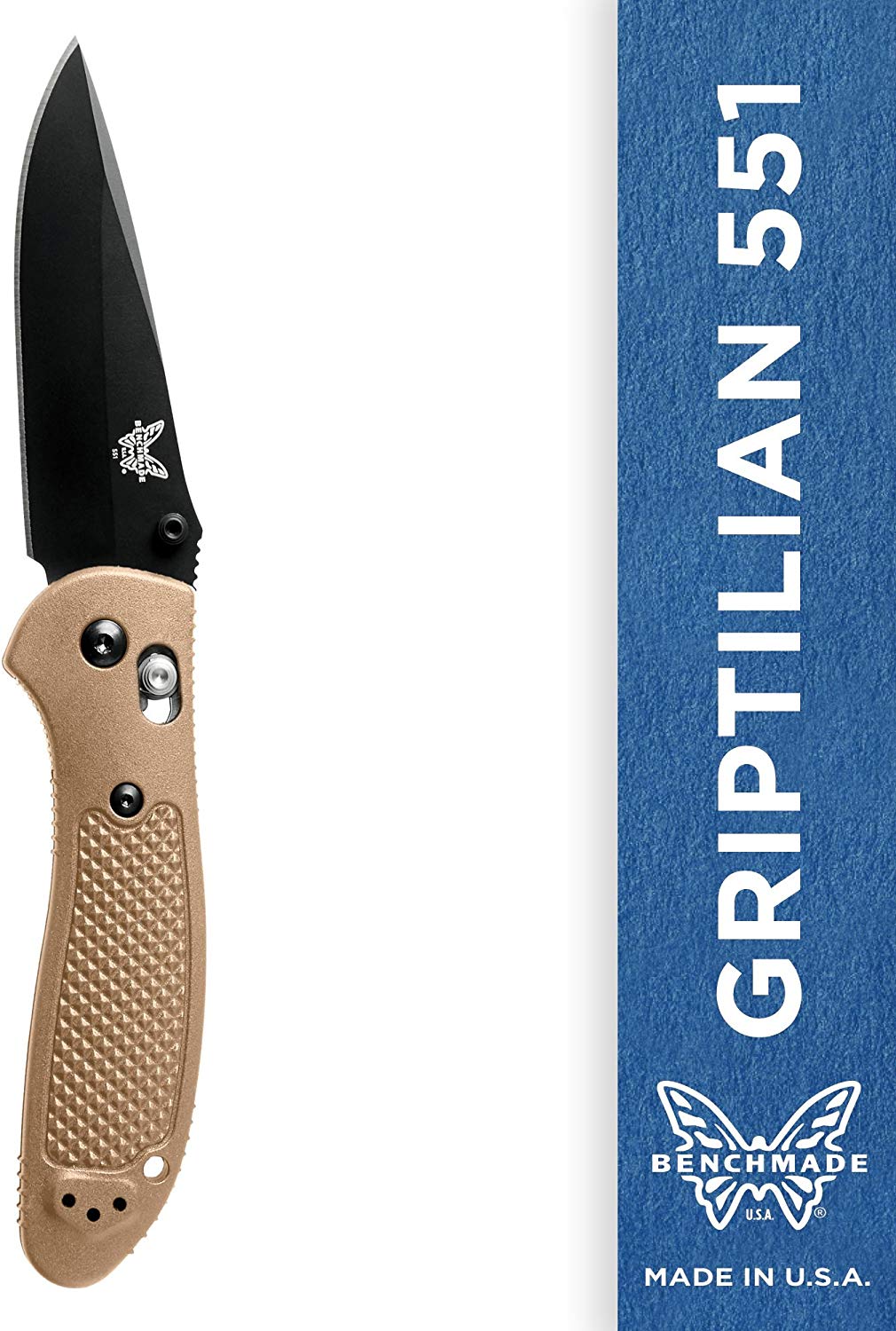 Benchmade - Griptilian 551 Knife - Drop-Point Blade - Serrated Edge - Coated Finish - Sand Handle
