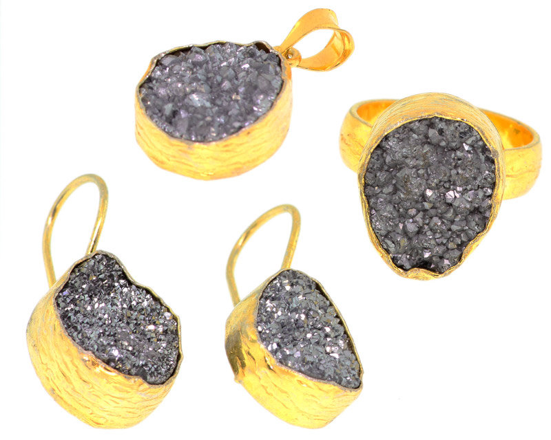 925 Sterling Silver 14k Gold Plated Light Grey Druzy Set Of Ring Pendant And Earrings - DRZ38