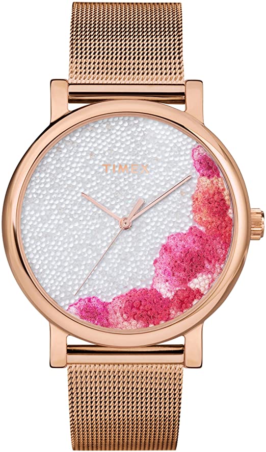 Timex Womens Full Bloom 38mm Rose-Gold Case White Floral Dial Mesh Band