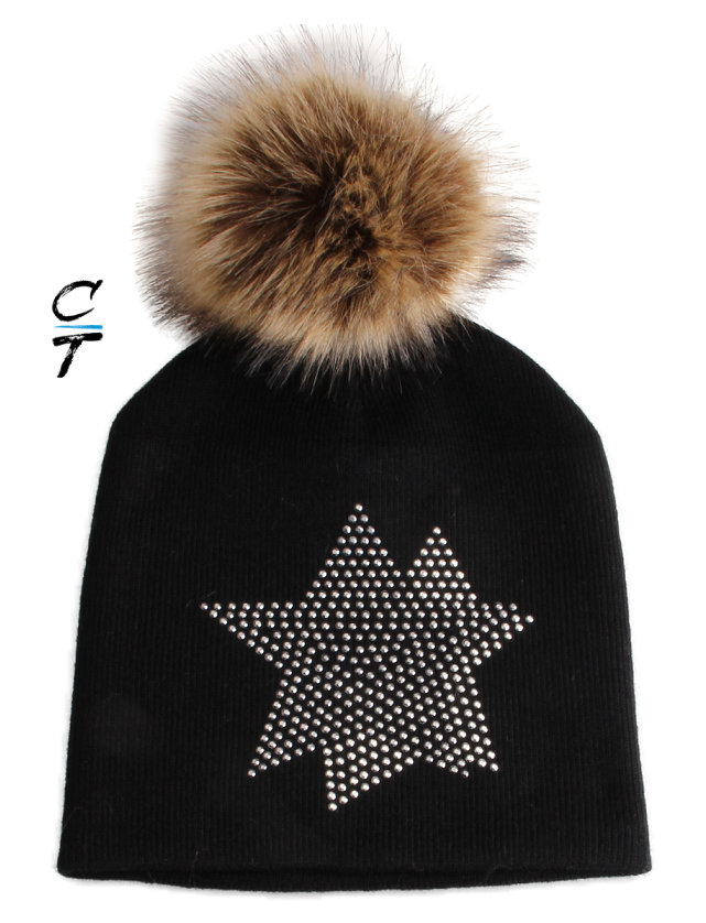 Cozy Time Star Embellished Fur Pom Hat For Extra Warmth and Comfort- Black