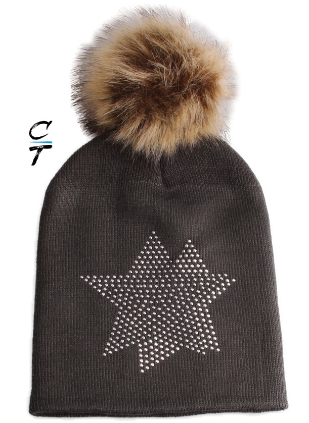 Cozy Time Star Embellished Fur Pom Hat For Extra Warmth and Comfort - Charcoal
