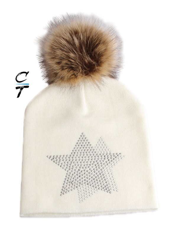Cozy Time Star Embellished Fur Pom Hat For Extra Warmth and Comfort - White