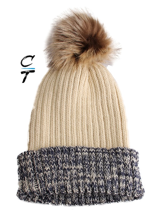Cozy Time Two Tone Winter Fur Pom Acrylic Knitted Beanie Hats for Extra Warmth and Comfort - Ivory
