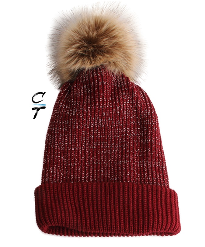 Cozy Time Slouchy Fur Pom Beanie Hat With Metallic Knitted Style for Extra Warmth and Comfort - Red