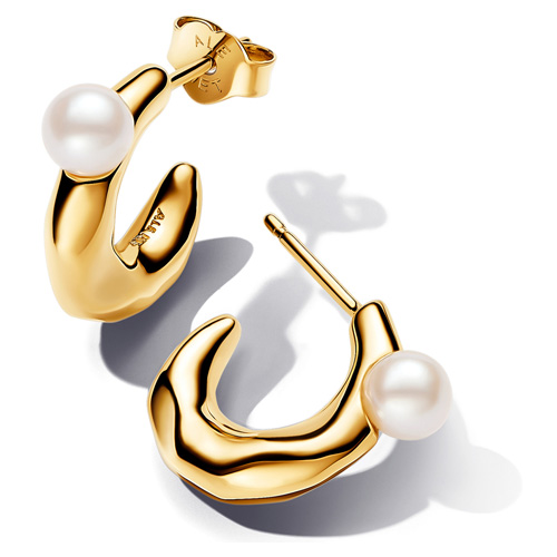 Pandora Treated Freshwater Cultured Pearl & Organically Shaped 14k gold plating Hoop Earrings