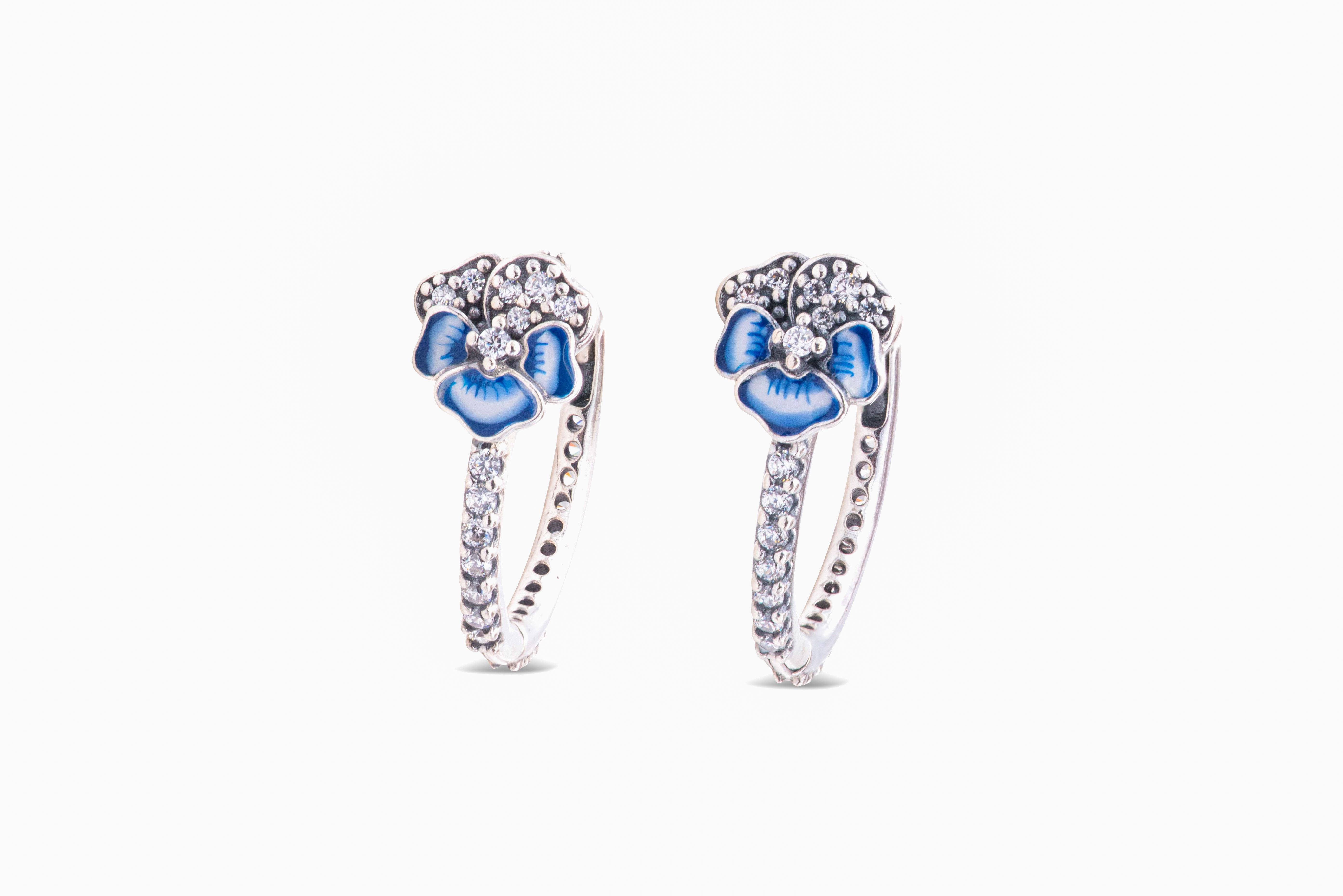 Pandora Blue Pansy Flower Hoop Earrings