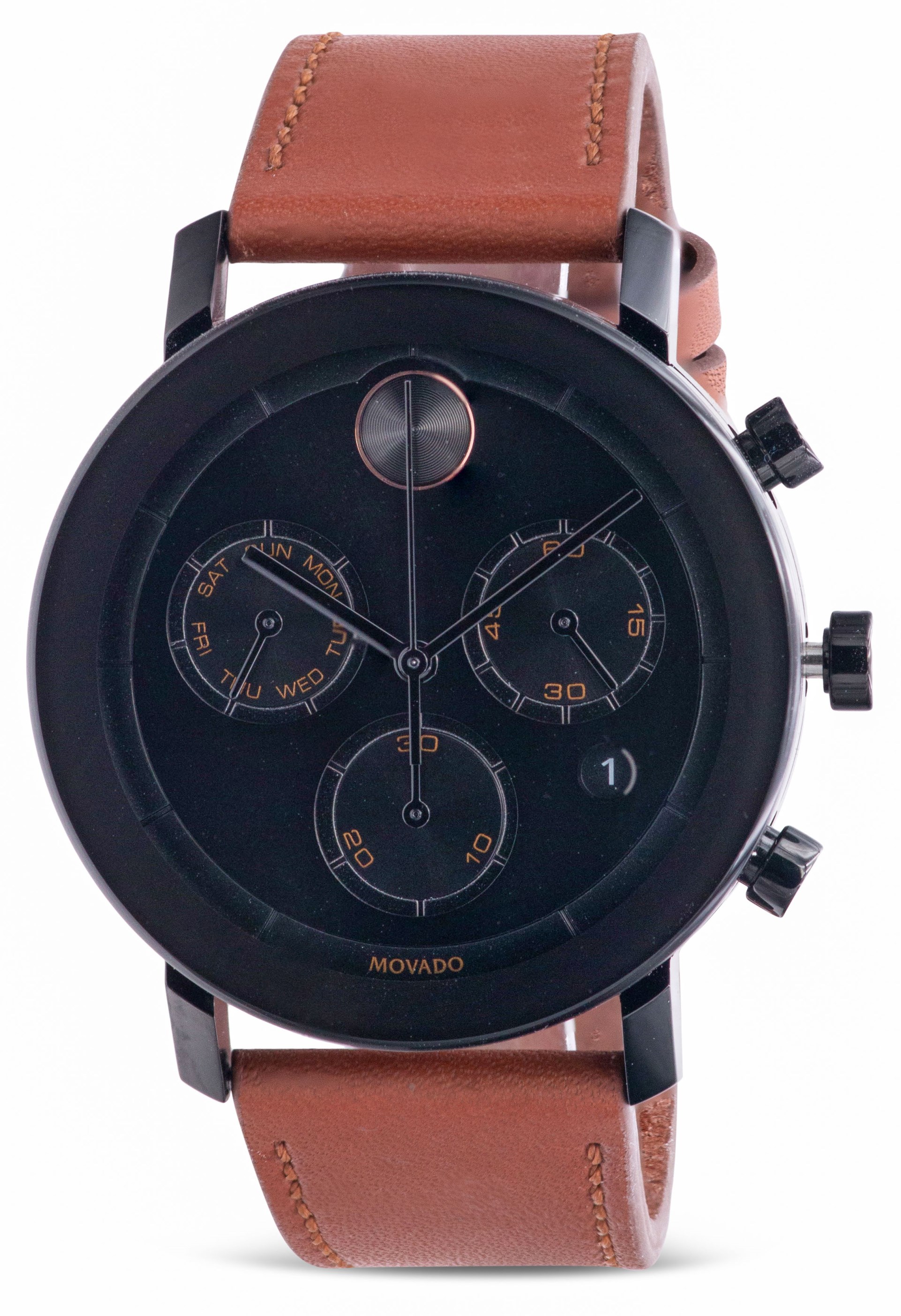 Movado Bold Evolution Black Ion Chronograph Cognac Brown Leather Mens Watch 3600758