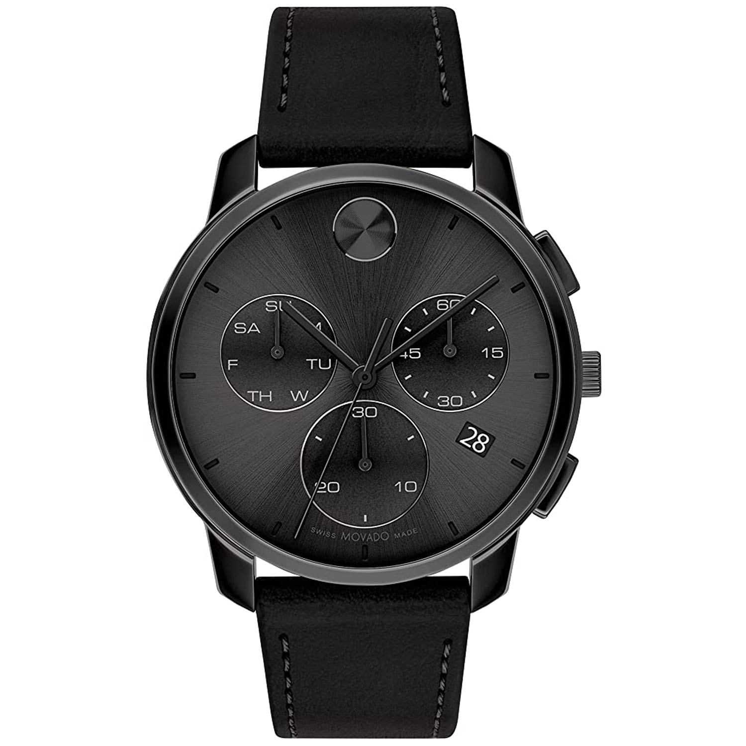 Movado Bold Thin Black IP Black Leather Chronograph Mens Watch 3600835