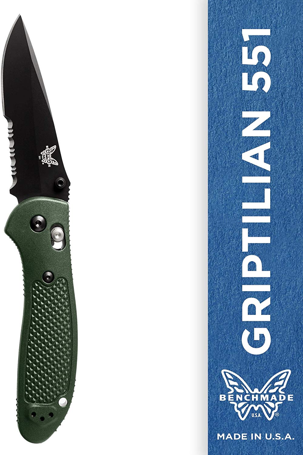 Benchmade - Griptilian 551 Knife - Drop-Point Blade - Serrated Edge - Coated Finish - Olive Handle