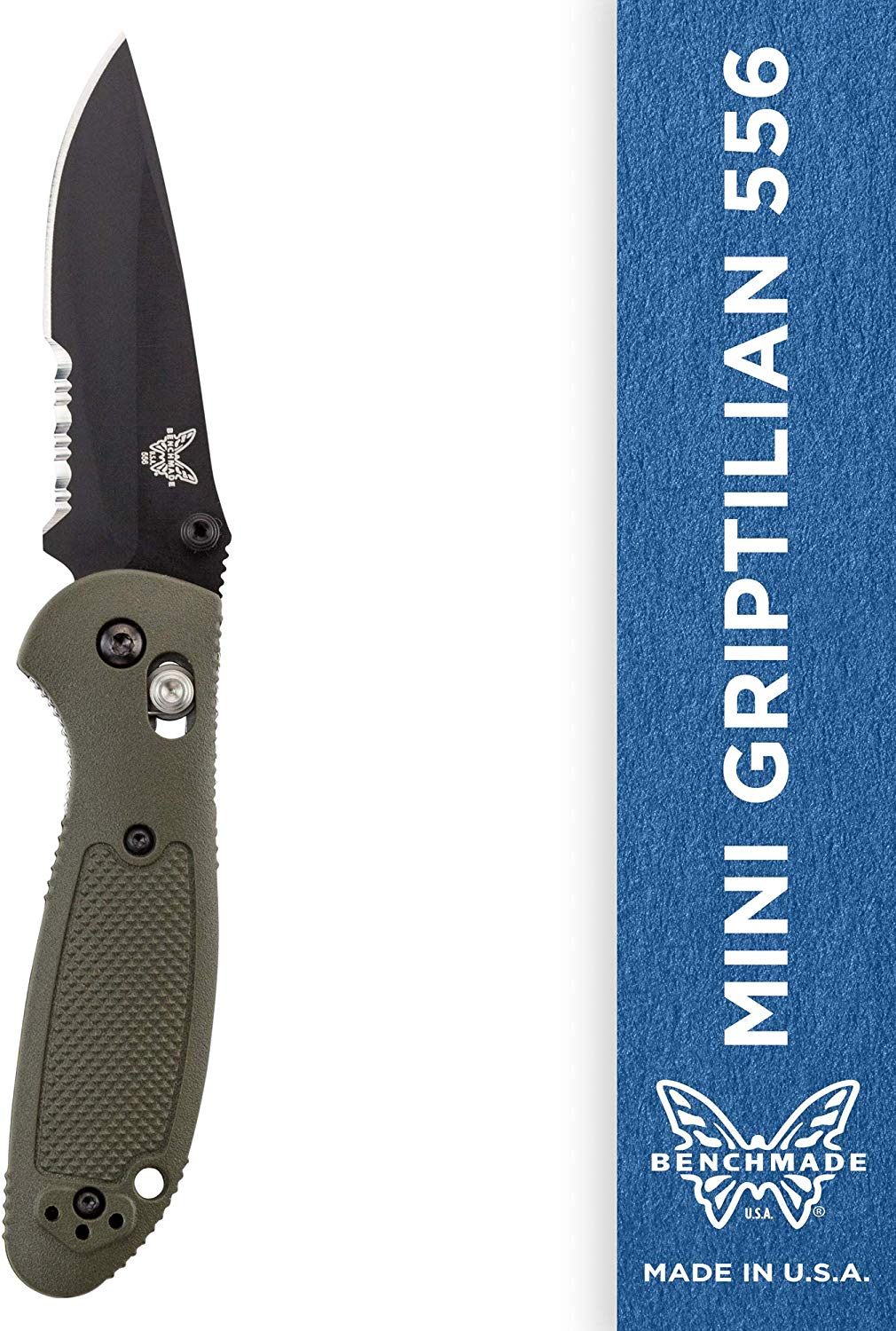 Benchmade - Mini Griptilian 556 EDC Manual Open Folding Knife Drop-Point Blade - Serrated Edge - Coated Finish - Olive Handle