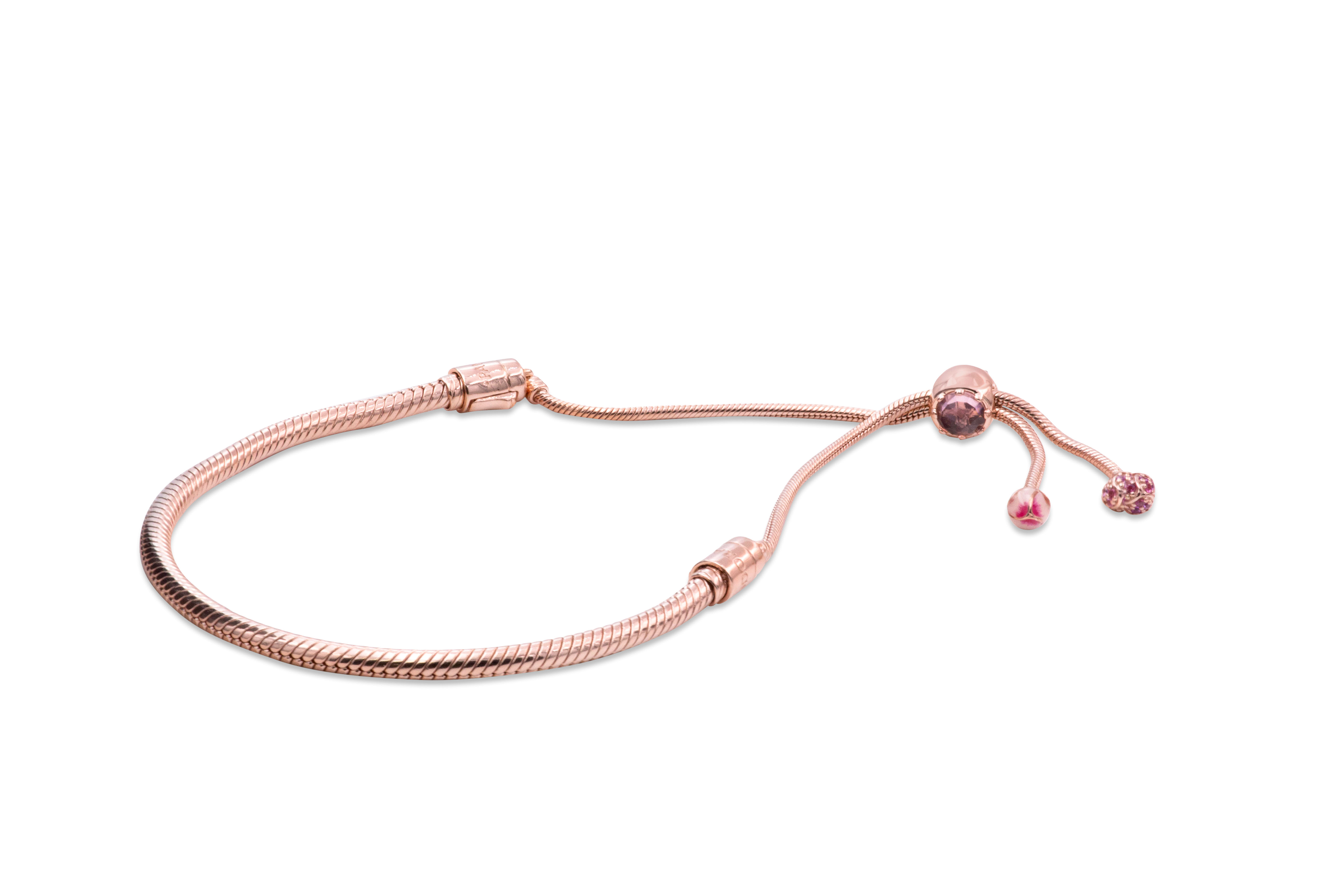 Pandora Moments Pink Peach Blossom Flower Snake Chain Slider Bracelet