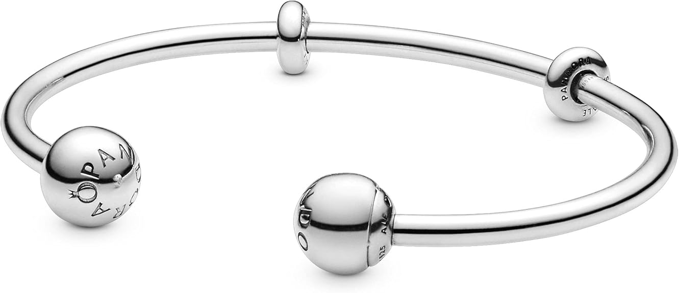 PANDORA Open bangle in sterling silver with interchangeable PANDORA logo end caps and stoppers