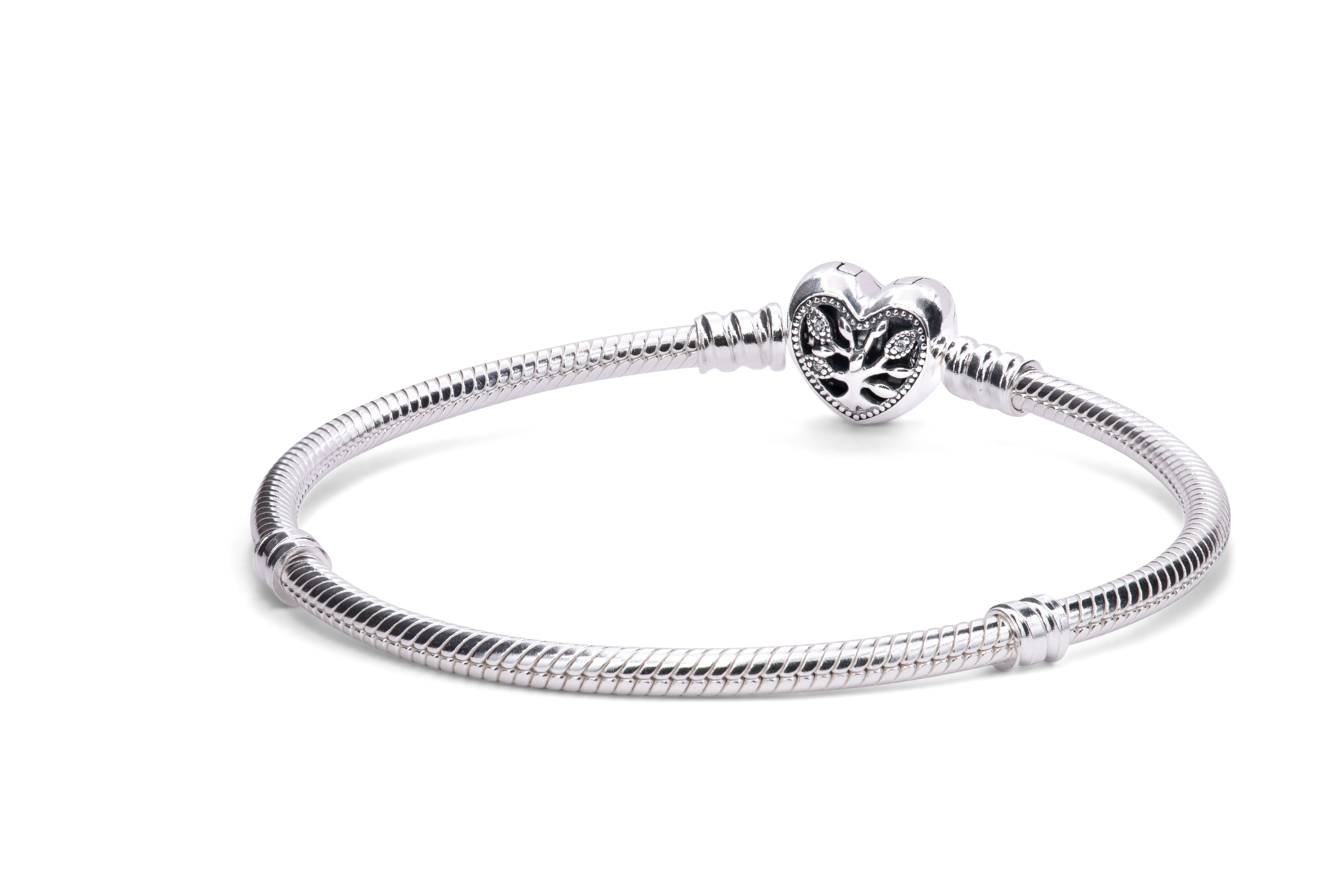 Pandora Moments Family Tree Heart Clasp Snake Chain Bracelet - 17