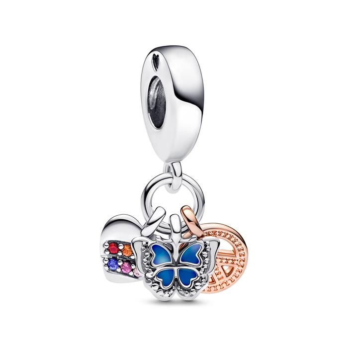 Pandora Two-Tone Rainbow Heart Butterfly & Peace Triple Dangle Charm