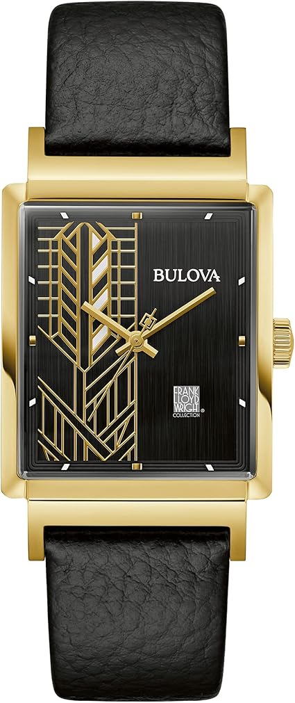 Bulova Frank Lloyd Wright Dana-Thomas House Gold-Tone Leather Mens Watch 97A176