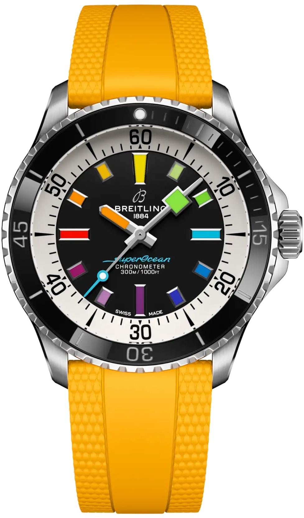 Breitling Superocean Automatic 42 Black Dial Yellow Rubber Automatic Mens Watch