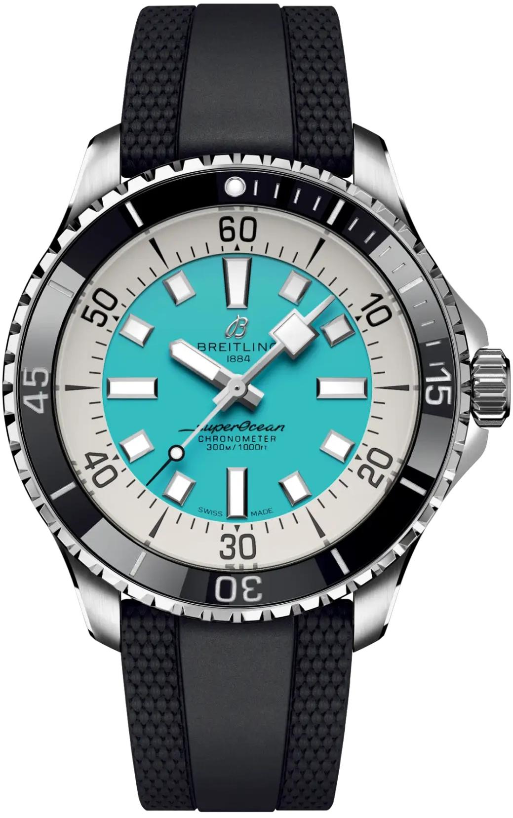 Breitling Superocean Automatic 44 Turquoise Dial Black Rubber Dive Watch