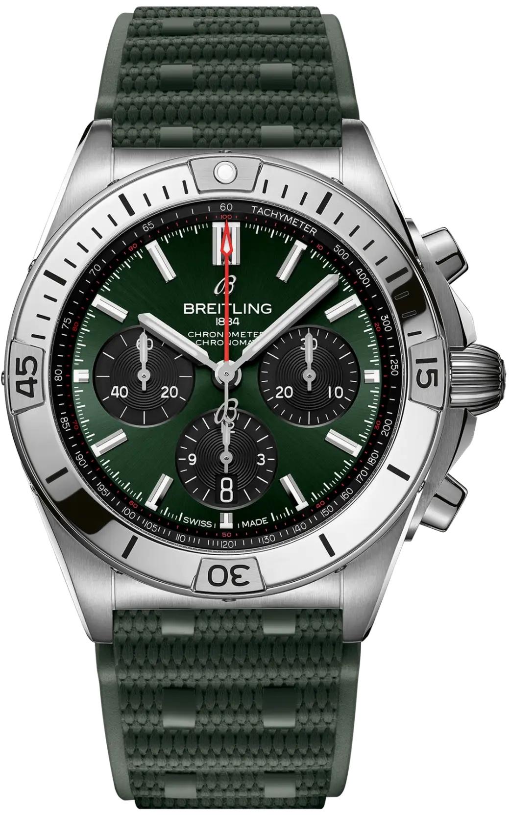 Breitling Chronomat B01 42 Green Dial Rubber Chronograph Mens Watch