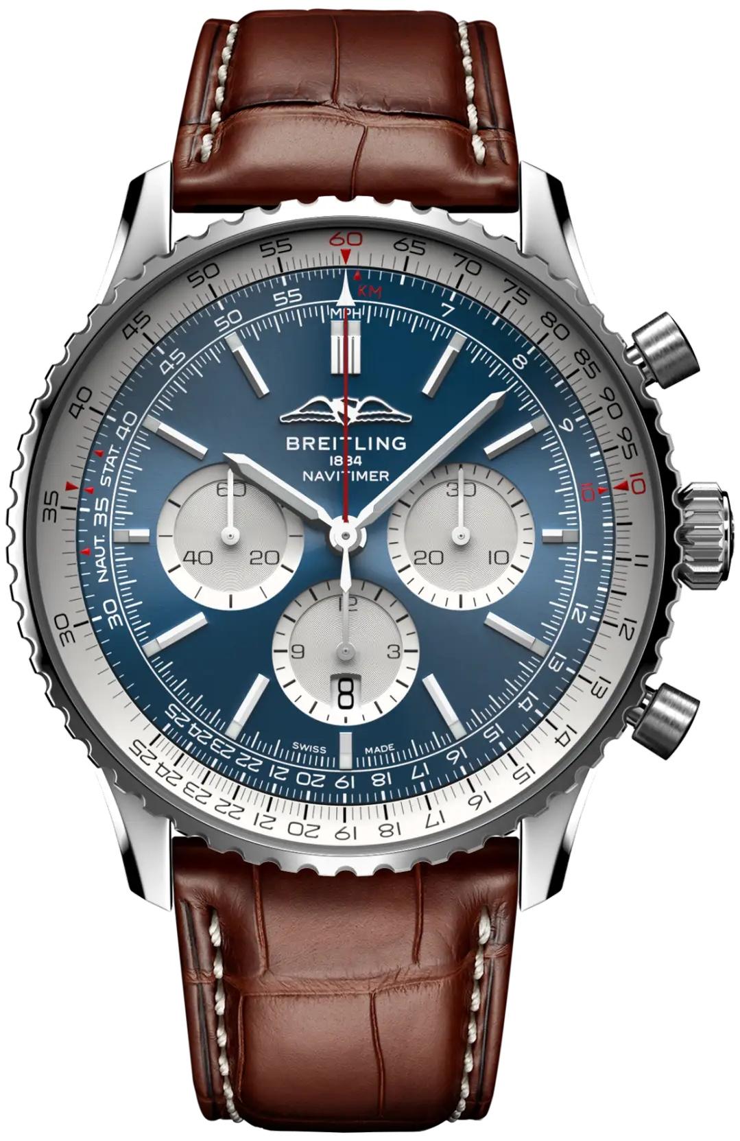 Breitling Navitimer B01 Chronograph 46 Blue Dial Brown Leather Mens Watch