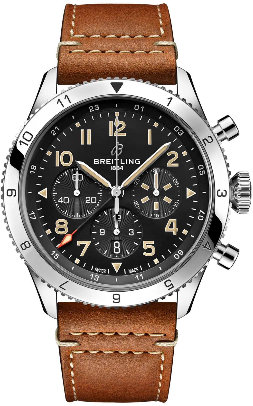 Breitling Super AVI B04 Chronograph GMT 46 P-51 Mustang Black Dial Leather Automatic Mens Watch