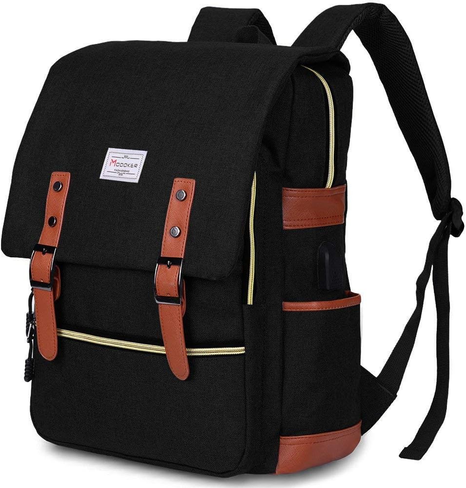 Modoker Vintage Laptop Backpack USB Fits 15.6 Inch Notebook - Black