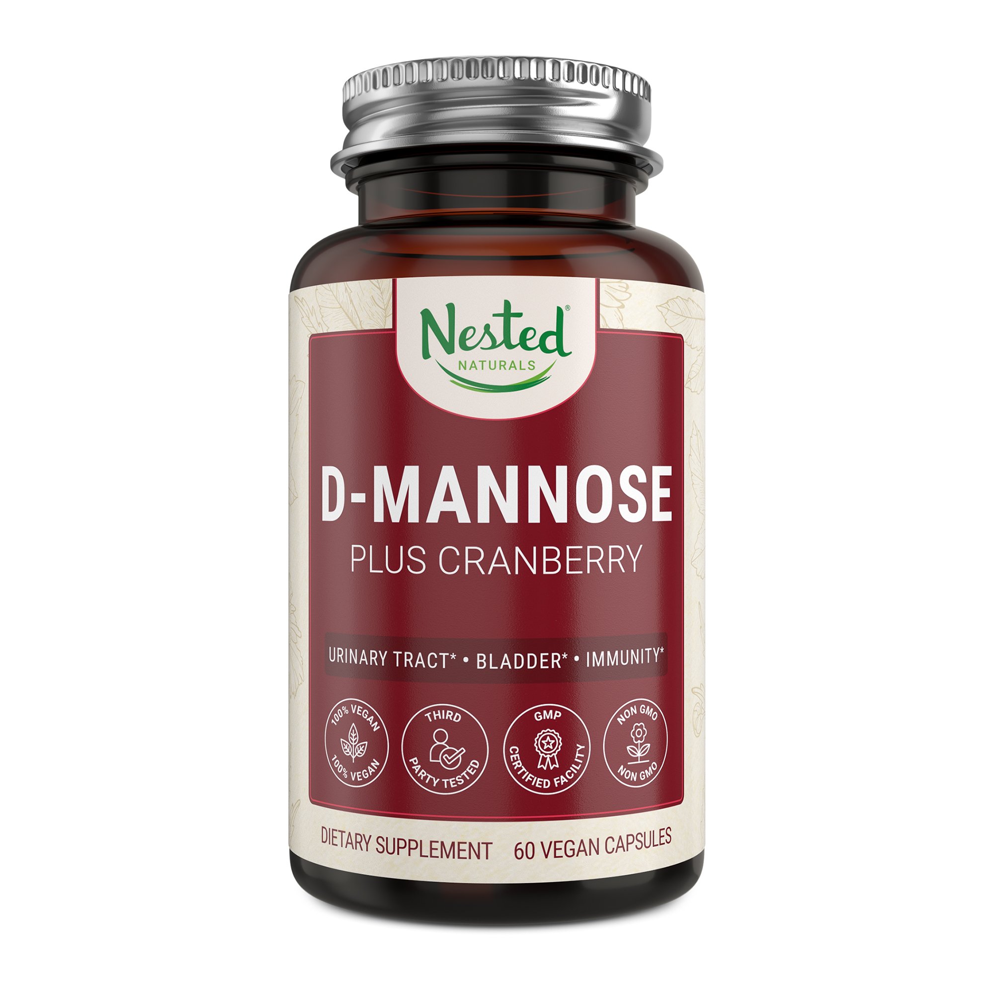 Nested Naturals D-Mannose 500 mg Supplement with Cranberry Extract - Natural Fast Treatment for UTI Bladder Infections