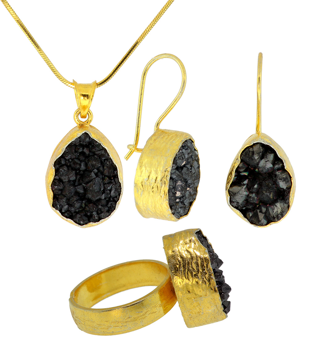 925 Sterling Silver Gold Plated Black Druzy Set - DRZ34