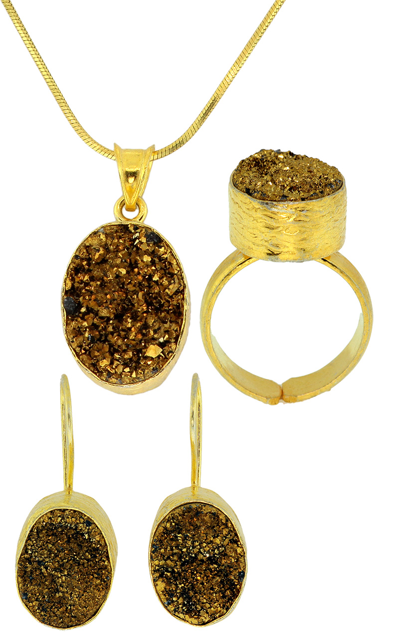 925 Sterling Silver Gold Plated Druzy Quarts Set - DRZ39