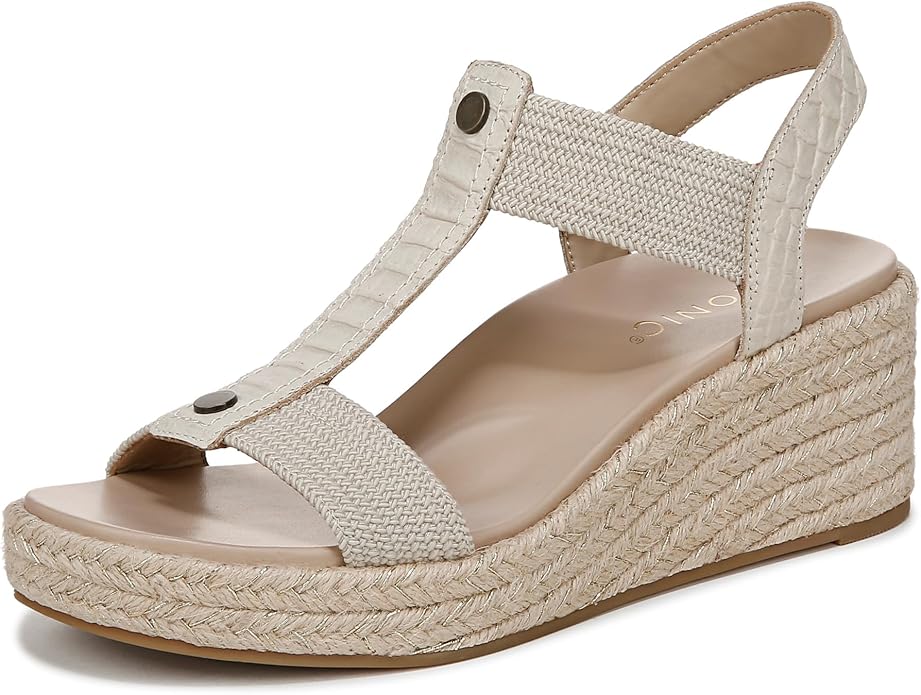VIONIC Womens Calera Espadrille Wedge Sandal - Cream Snake Leather/Fabric - 10