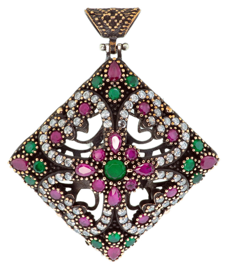 Sterling Silver Diamond Shaped Otantik Vintage Ruby And Emerald CZ Pendant