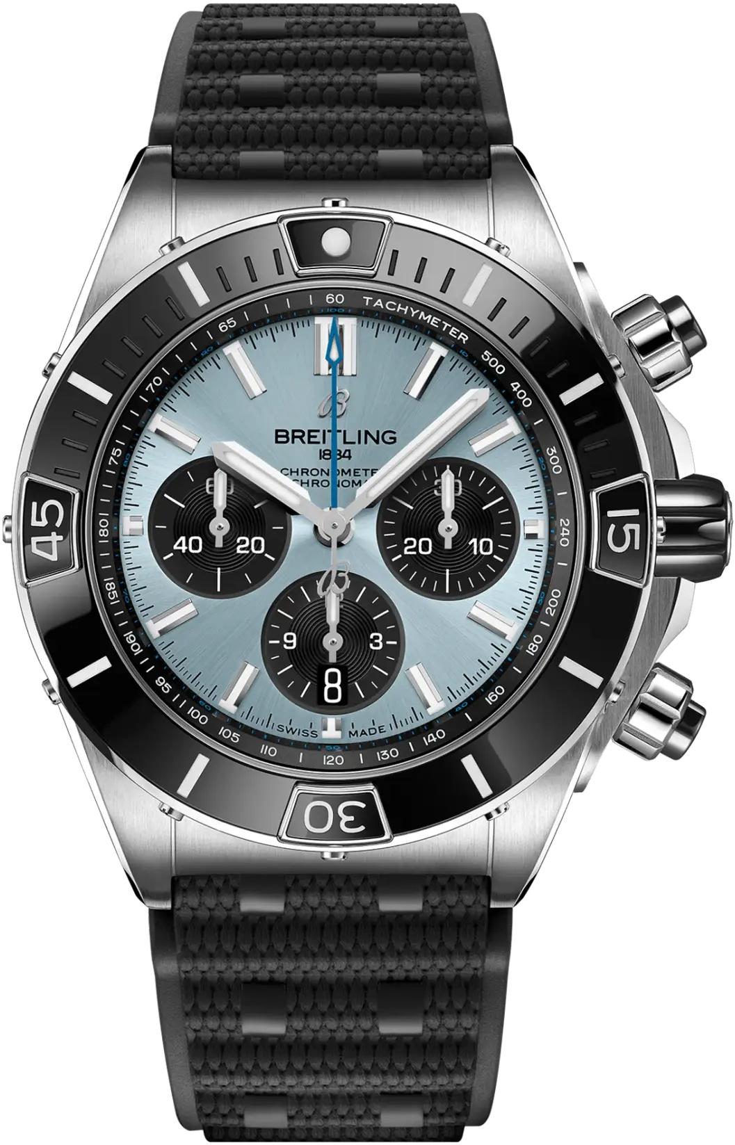 Breitling Super Chronomat B01 44 Ice Blue Dial Rubber Automatic Mens Watch