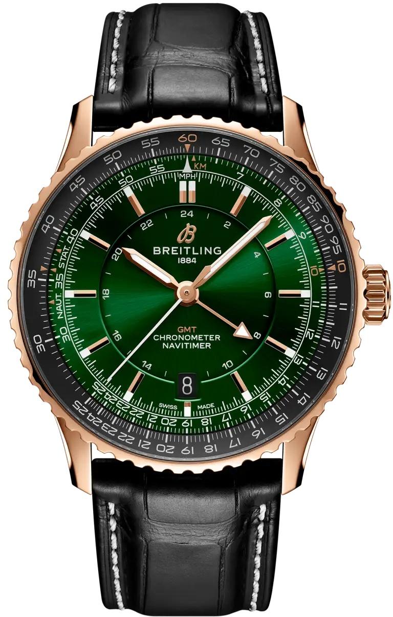 Breitling Navitimer Automatic GMT 41 Green Dial Gold Leather Automatic Mens Watch