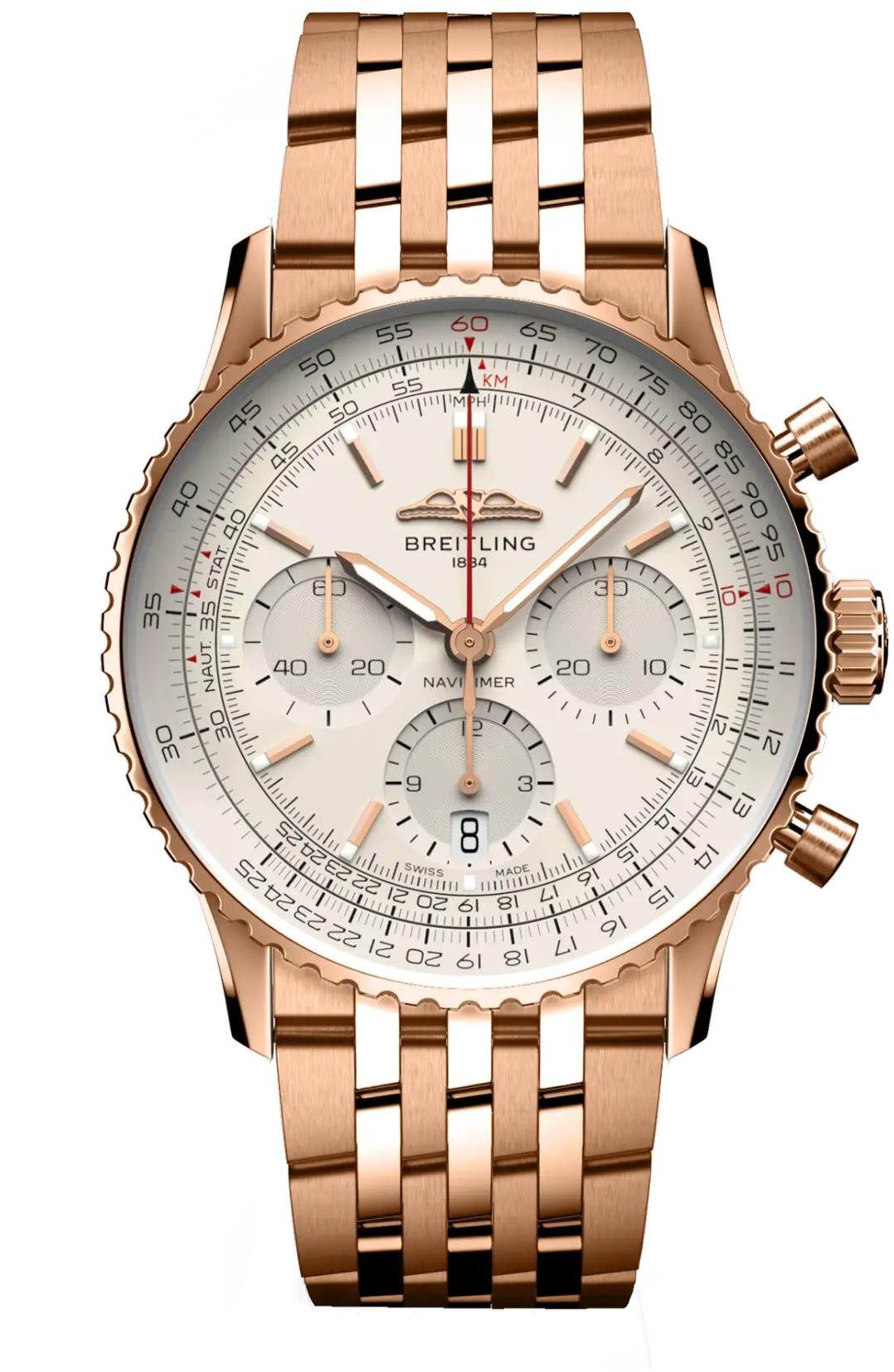 Breitling Navitimer B01 Chronograph 41 White Dial Red Gold Automatic Mens Watch