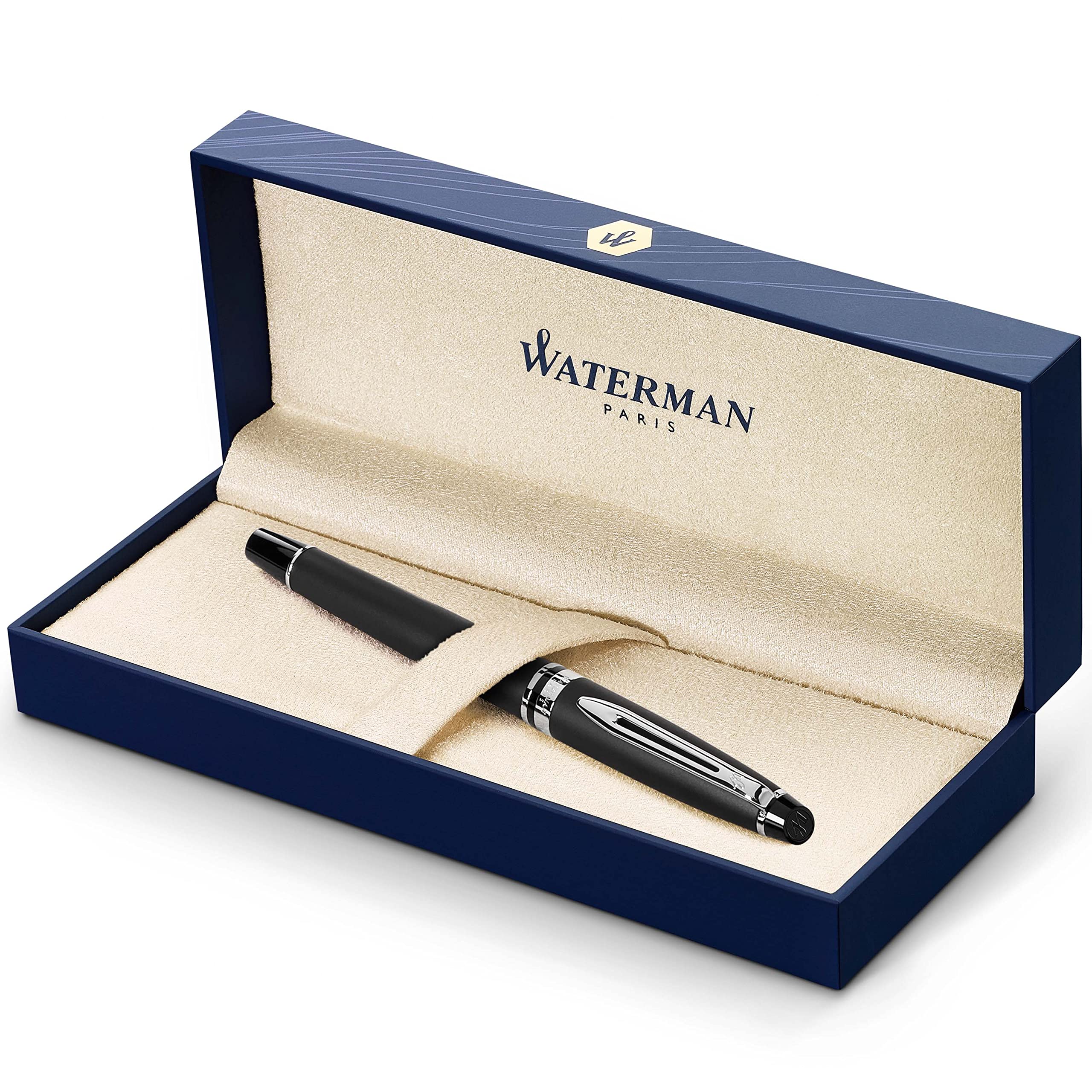 Waterman Expert Fountain Pen - Matte Black/Chrome Trim - Fine Nib with Blue Ink