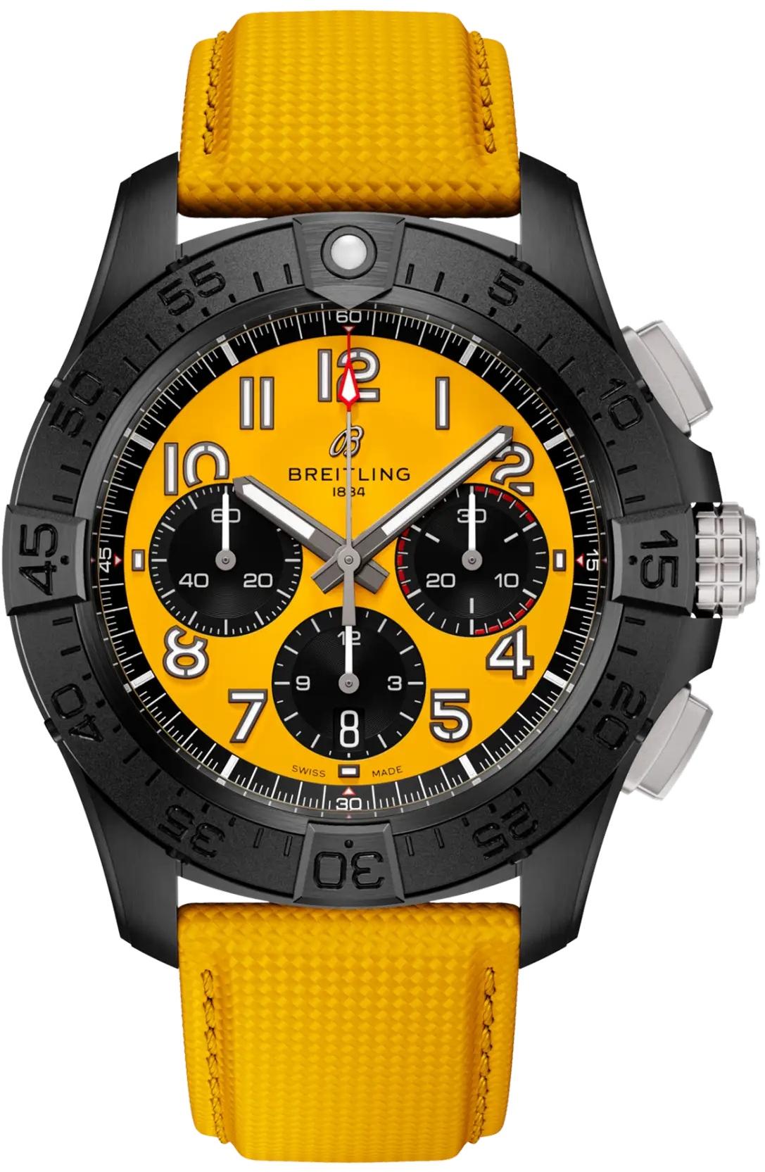 Breitling Avenger B01 Chronograph 44 Night Mission Yellow Dial Leather Automatic Mens Watch