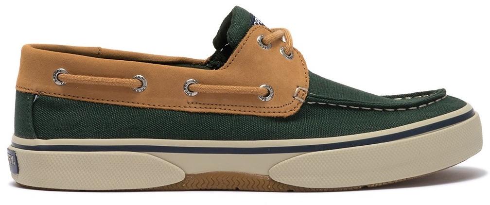 Sperry Mens Halyard 2 Eye Leather Canvas Slip On Boat Shoe - Dark green/Tan - 8.5