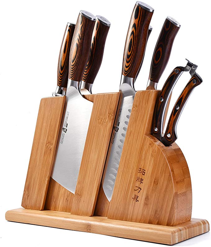 TUO Cutlery Knife Set with Wooden Block - Honing Steel and Shears - Pakkawood Handle