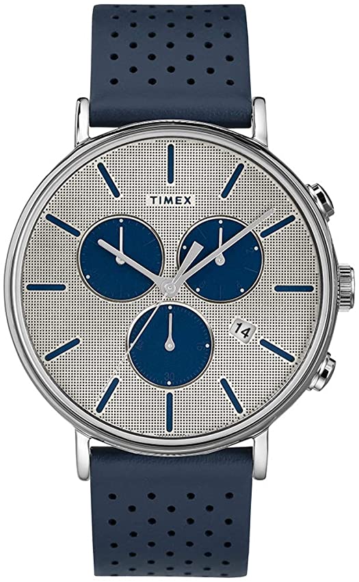 Timex Fairfield Chrono Supernova 41mm Silvertone Case Silvertone Dial Blue Leather Strap