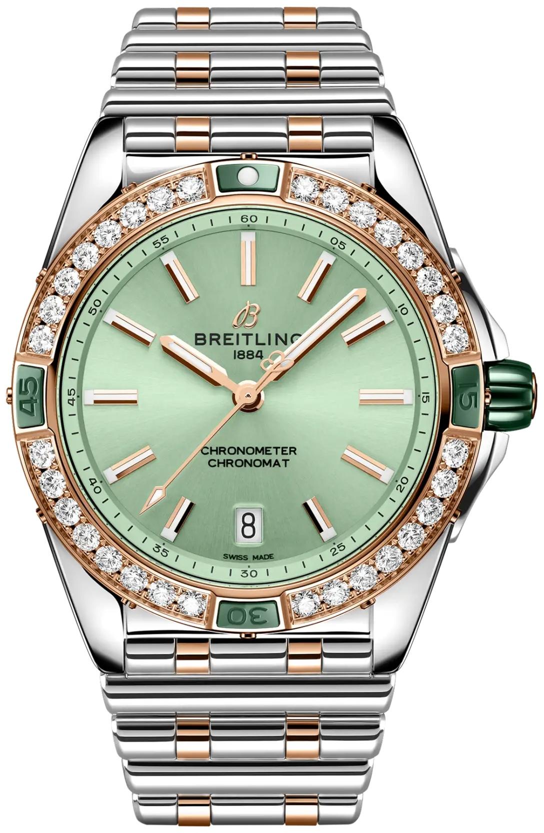 Breitling Super Chronomat Automatic 38 Diamond Green Dial Two-Tone Gold Automatic Unisex Watch