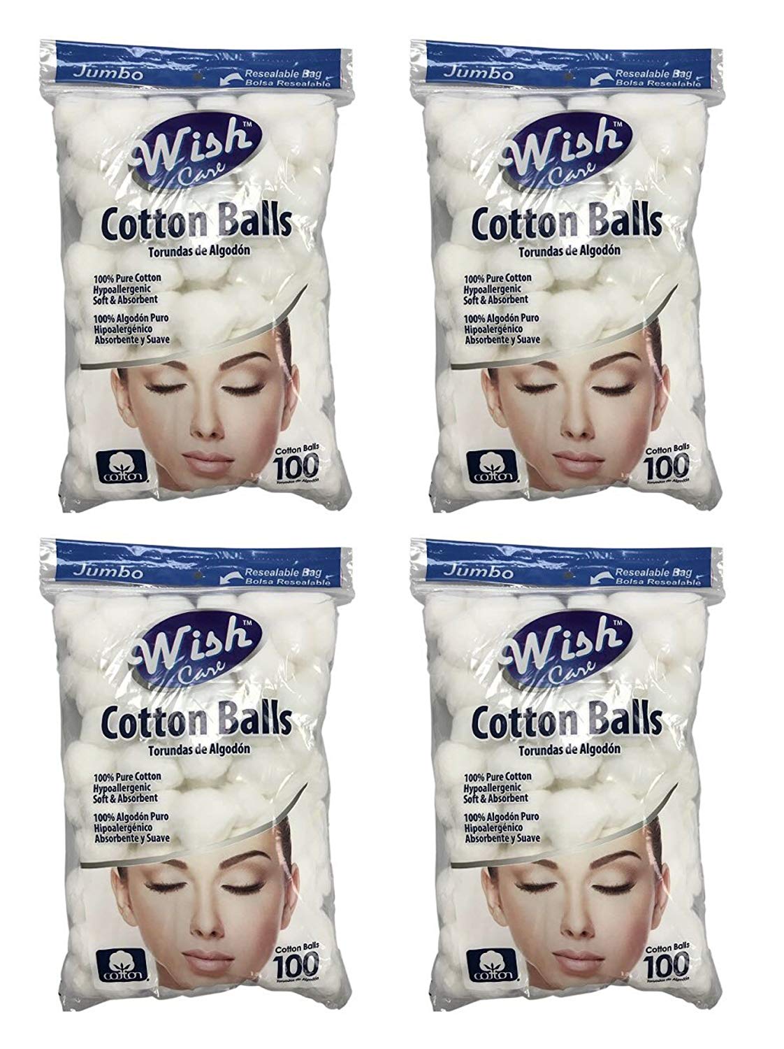 Wish Jumbo Hypoallergenic Soft & Absorbent Cotton Balls - 100% Pure Cotton - Pack of 4 (400 Total)