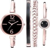 Anne Klein Rose Gold-Tone Black Dial Bangle Set Ladies Watch AK/3290BKST
